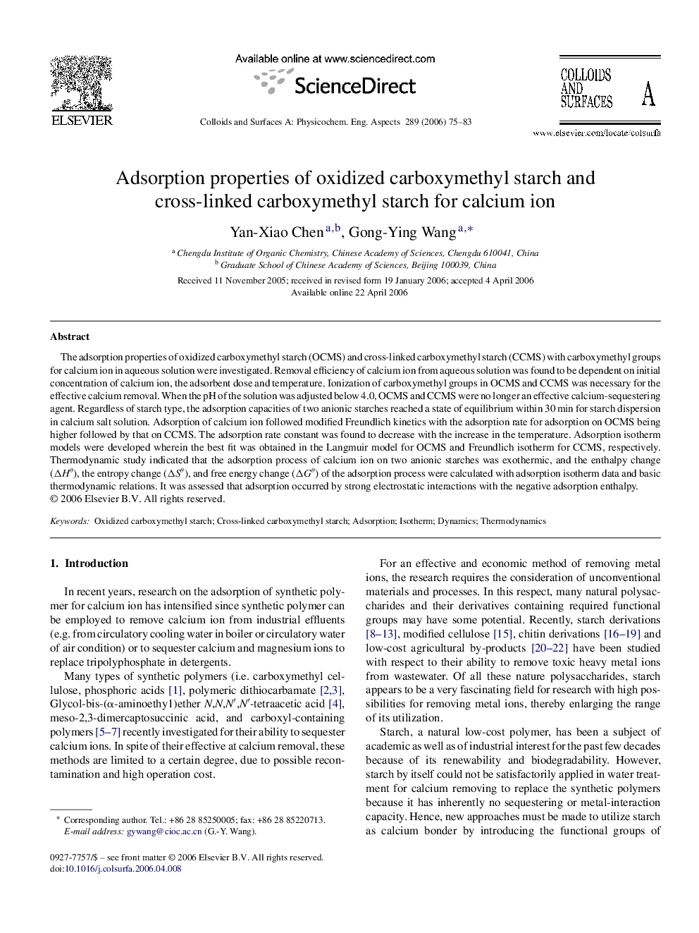 Adsorption properties of oxidized carboxymethyl starch and cross-linked carboxymethyl starch for calcium ion