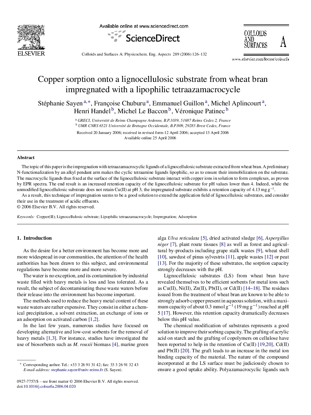 Copper sorption onto a lignocellulosic substrate from wheat bran impregnated with a lipophilic tetraazamacrocycle