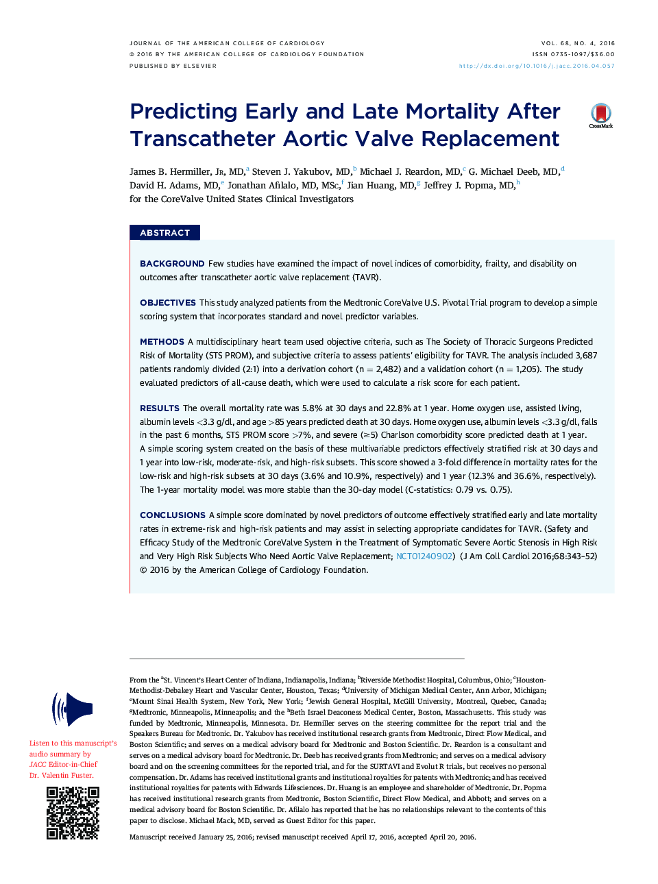 Predicting Early and Late Mortality After Transcatheter Aortic Valve Replacement