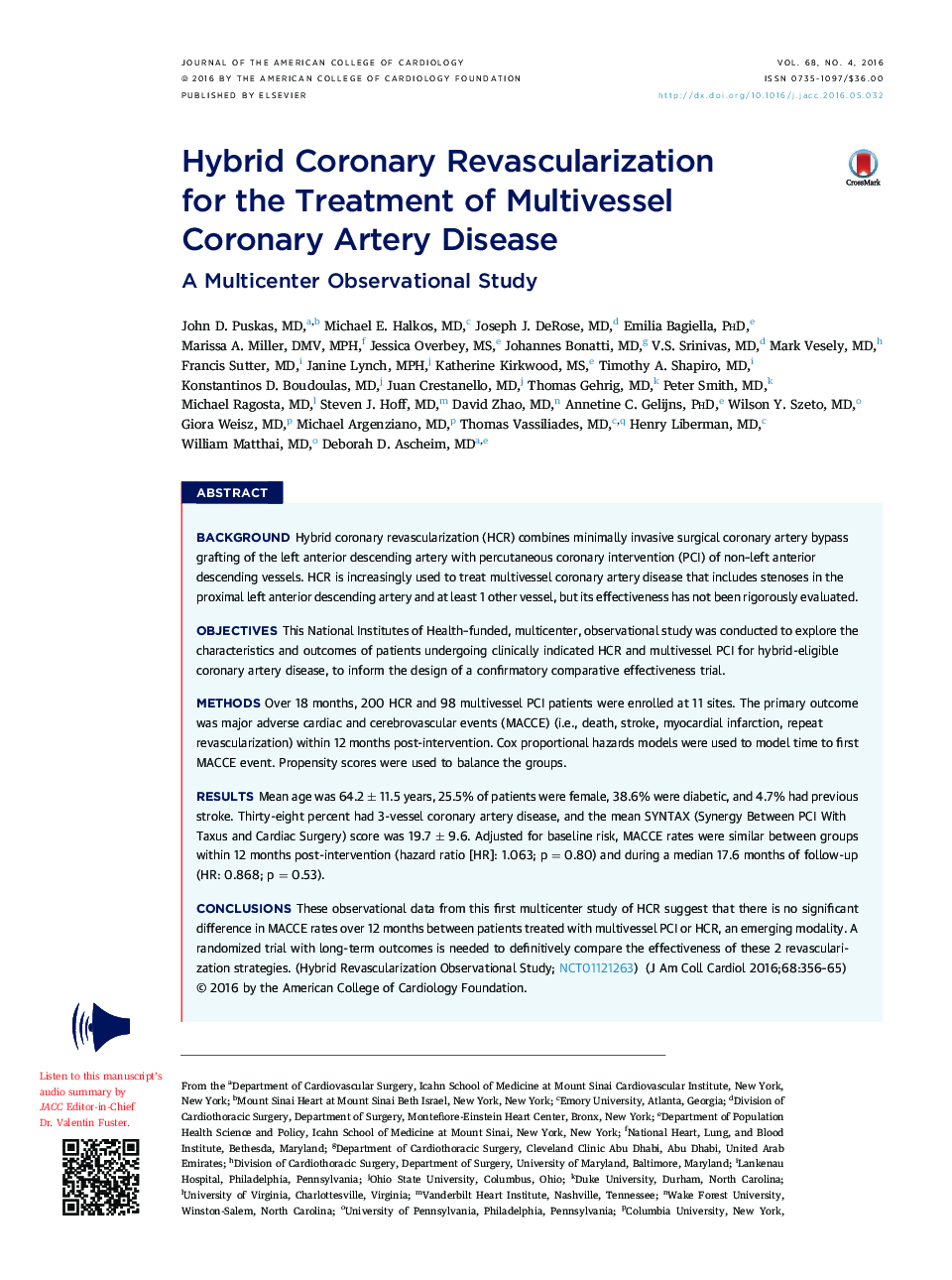 Hybrid Coronary Revascularization forÂ theÂ Treatment of Multivessel CoronaryÂ Artery Disease: A Multicenter Observational Study