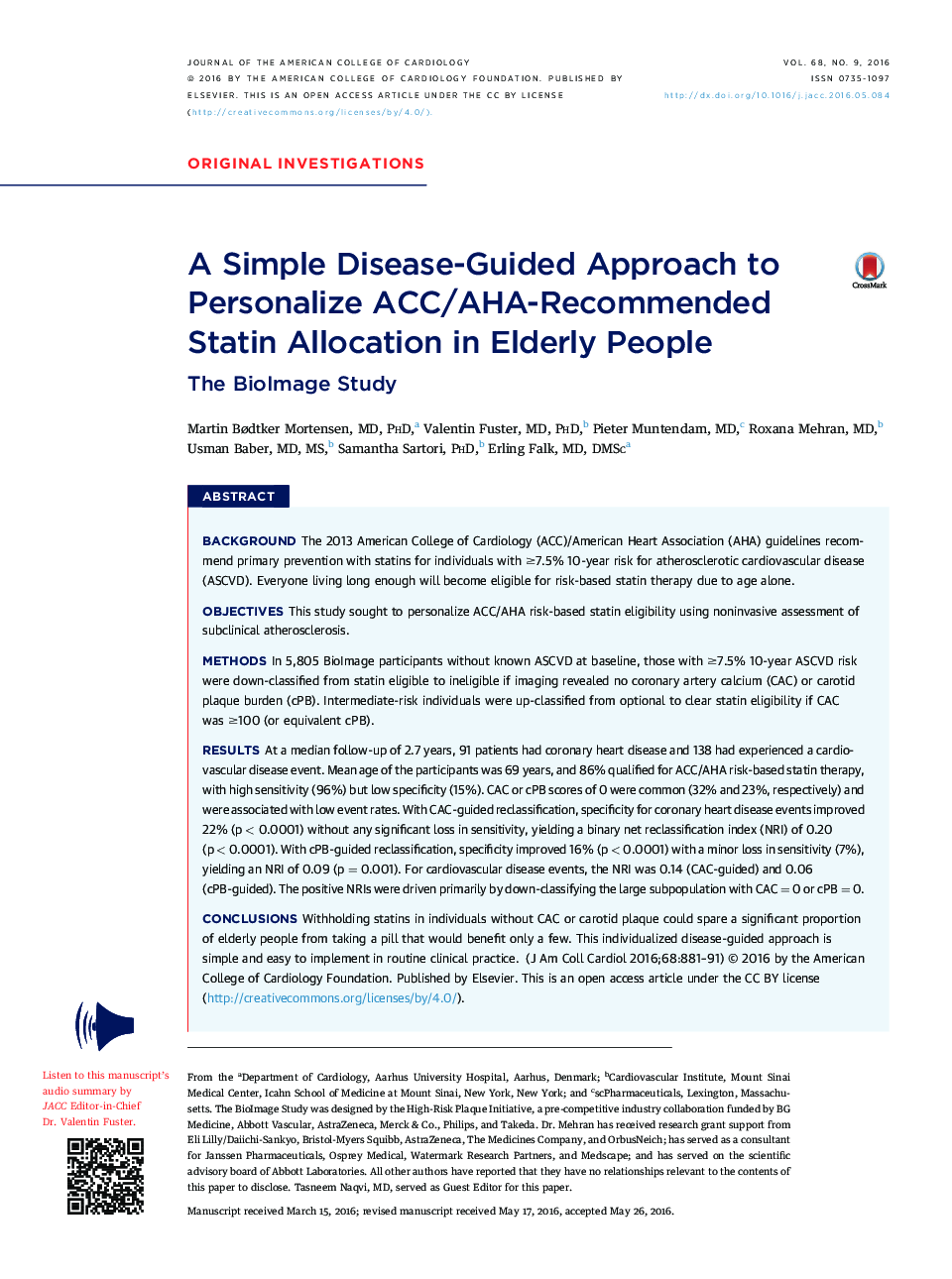 A Simple Disease-Guided Approach to Personalize ACC/AHA-Recommended StatinÂ Allocation in Elderly People: The BioImage Study