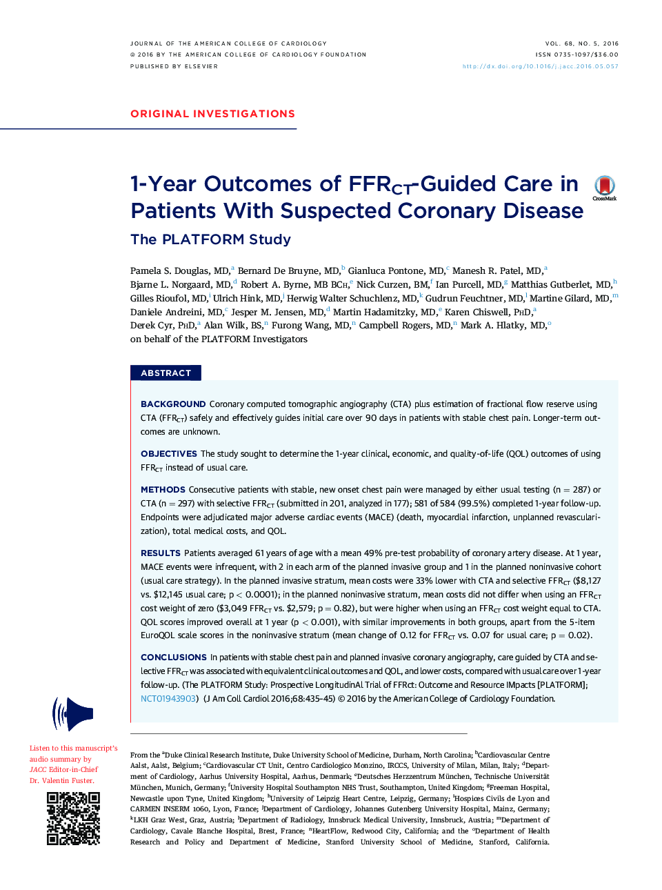 1-Year Outcomes of FFRCT-Guided Care in Patients With Suspected Coronary Disease: The PLATFORM Study