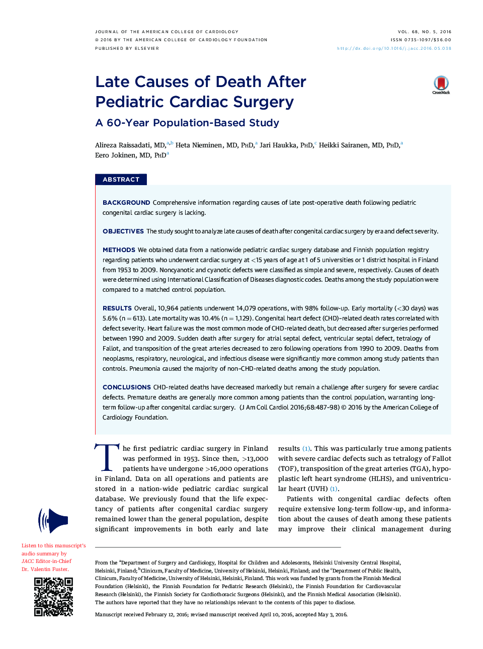 Late Causes of Death After PediatricÂ Cardiac Surgery: A 60-Year Population-Based Study