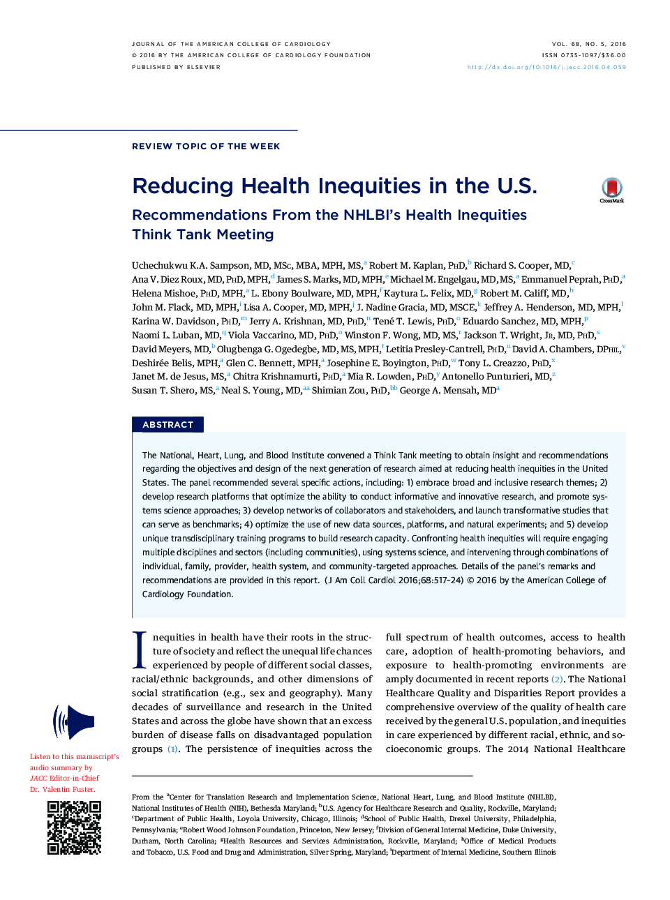 Reducing Health Inequities in the U.S.: Recommendations From the NHLBI's Health Inequities ThinkÂ Tank Meeting