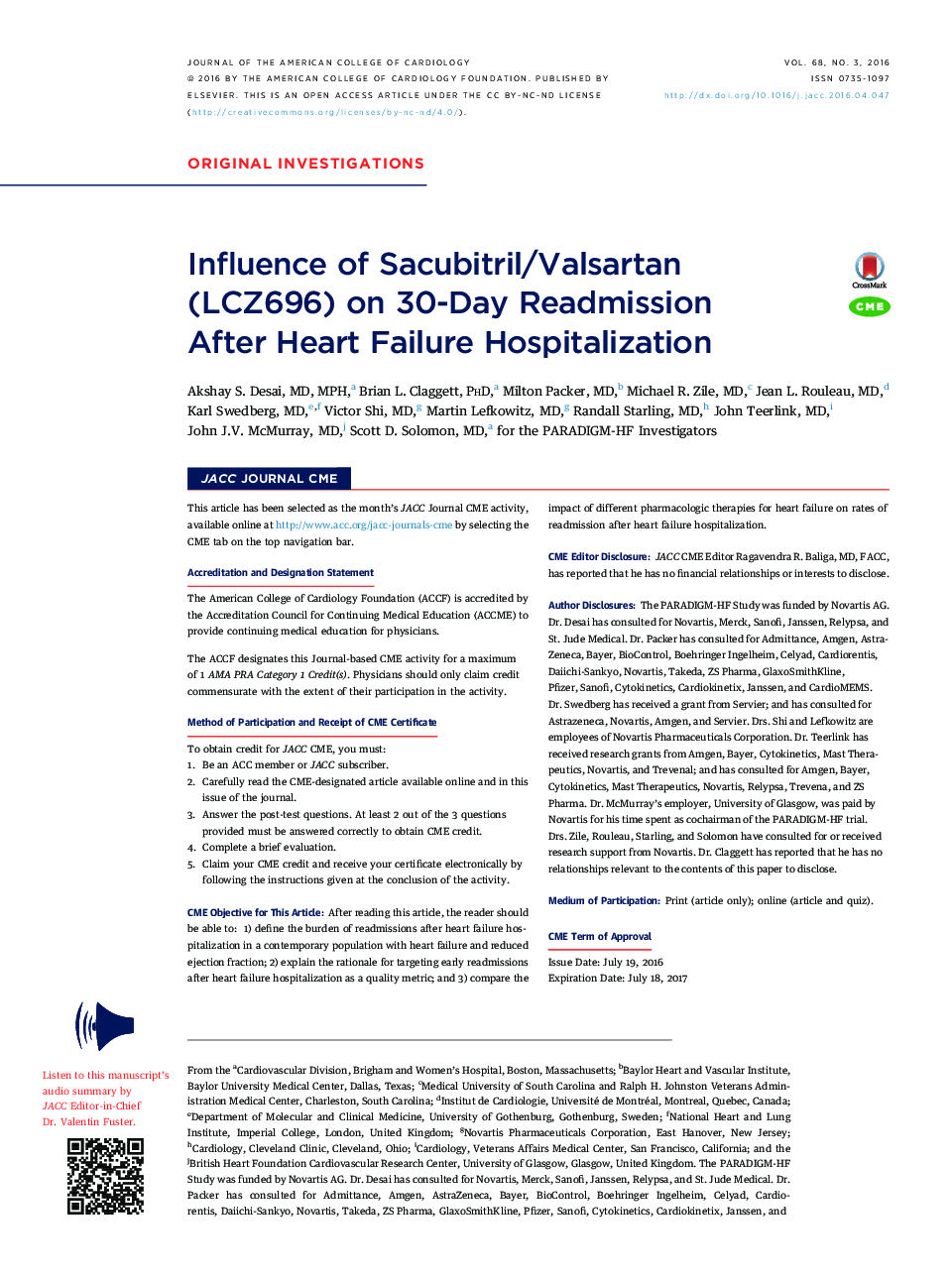 Influence of Sacubitril/Valsartan (LCZ696)Â onÂ 30-Day Readmission After Heart Failure Hospitalization