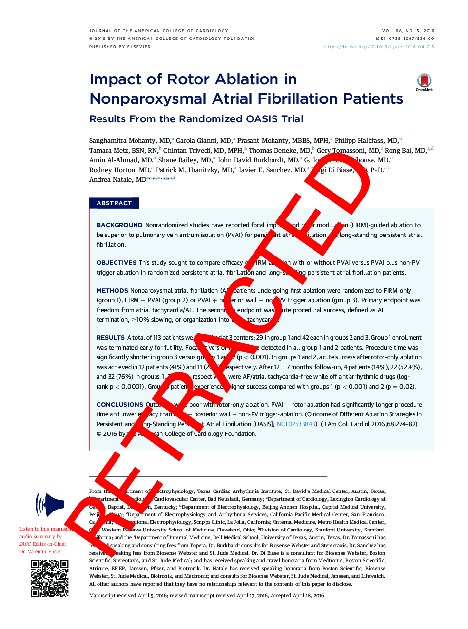 RETRACTED: Impact of Rotor Ablation in Nonparoxysmal Atrial Fibrillation Patients Results From the Randomized OASIS Trial [J Am Coll Cardiol 2016;68:274-82]