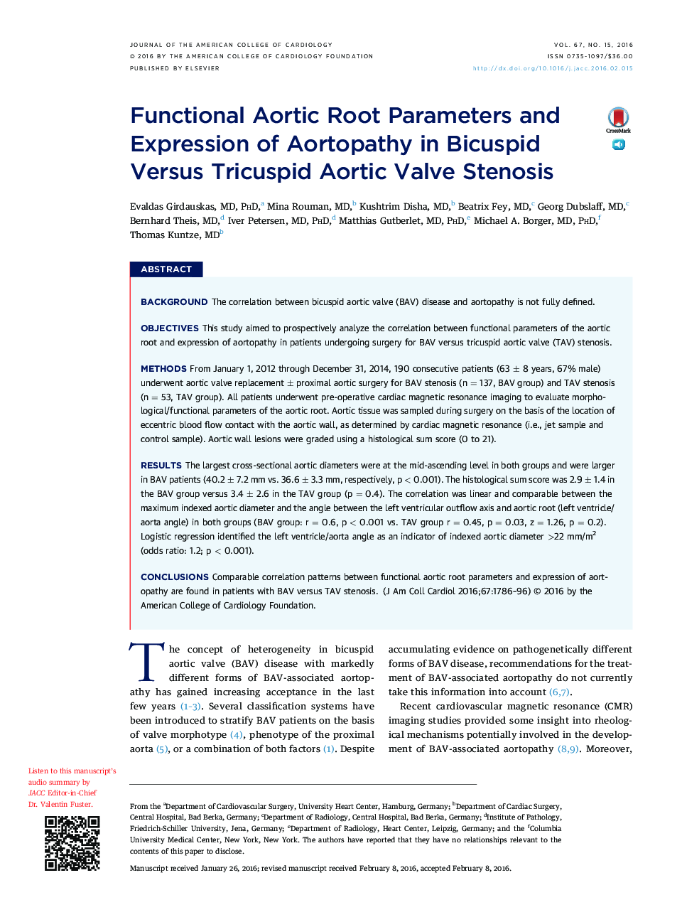 Functional Aortic Root Parameters and Expression of Aortopathy in Bicuspid Versus Tricuspid Aortic Valve Stenosis