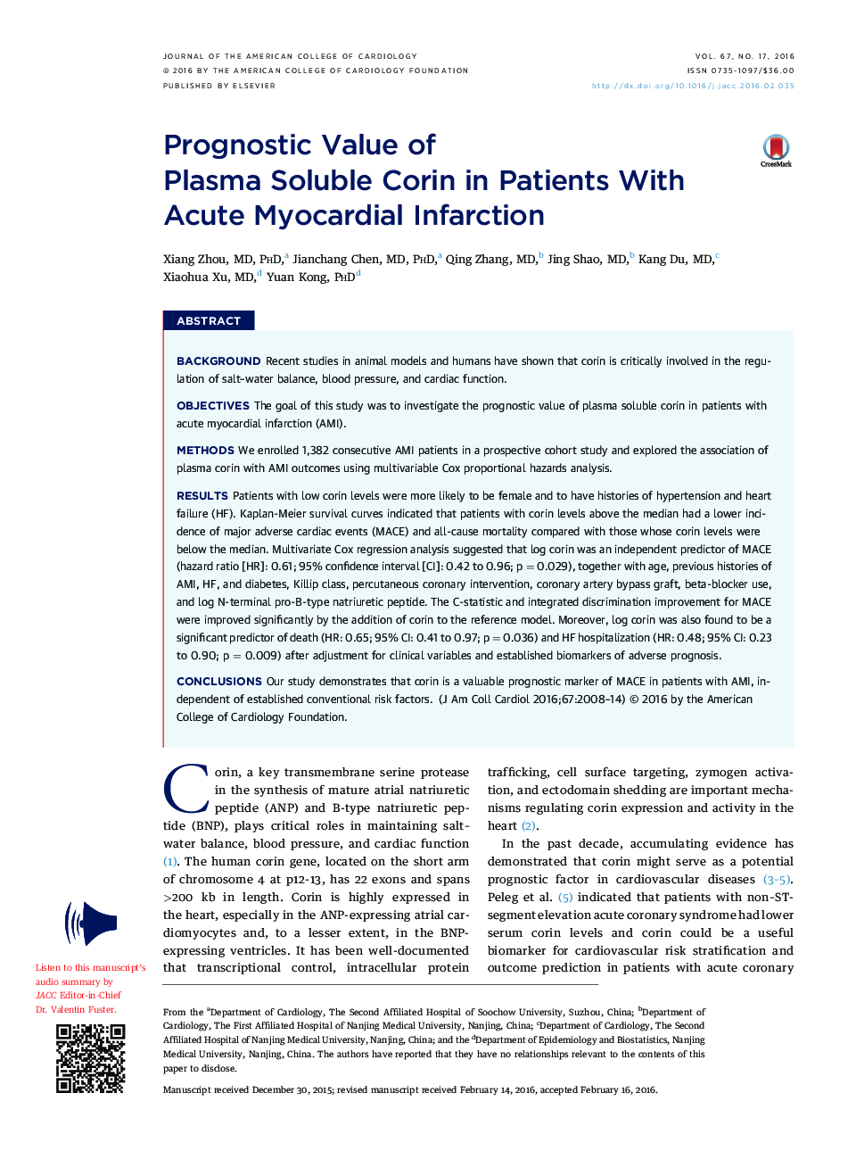 Prognostic Value of PlasmaÂ SolubleÂ CorinÂ in Patients With AcuteÂ MyocardialÂ Infarction