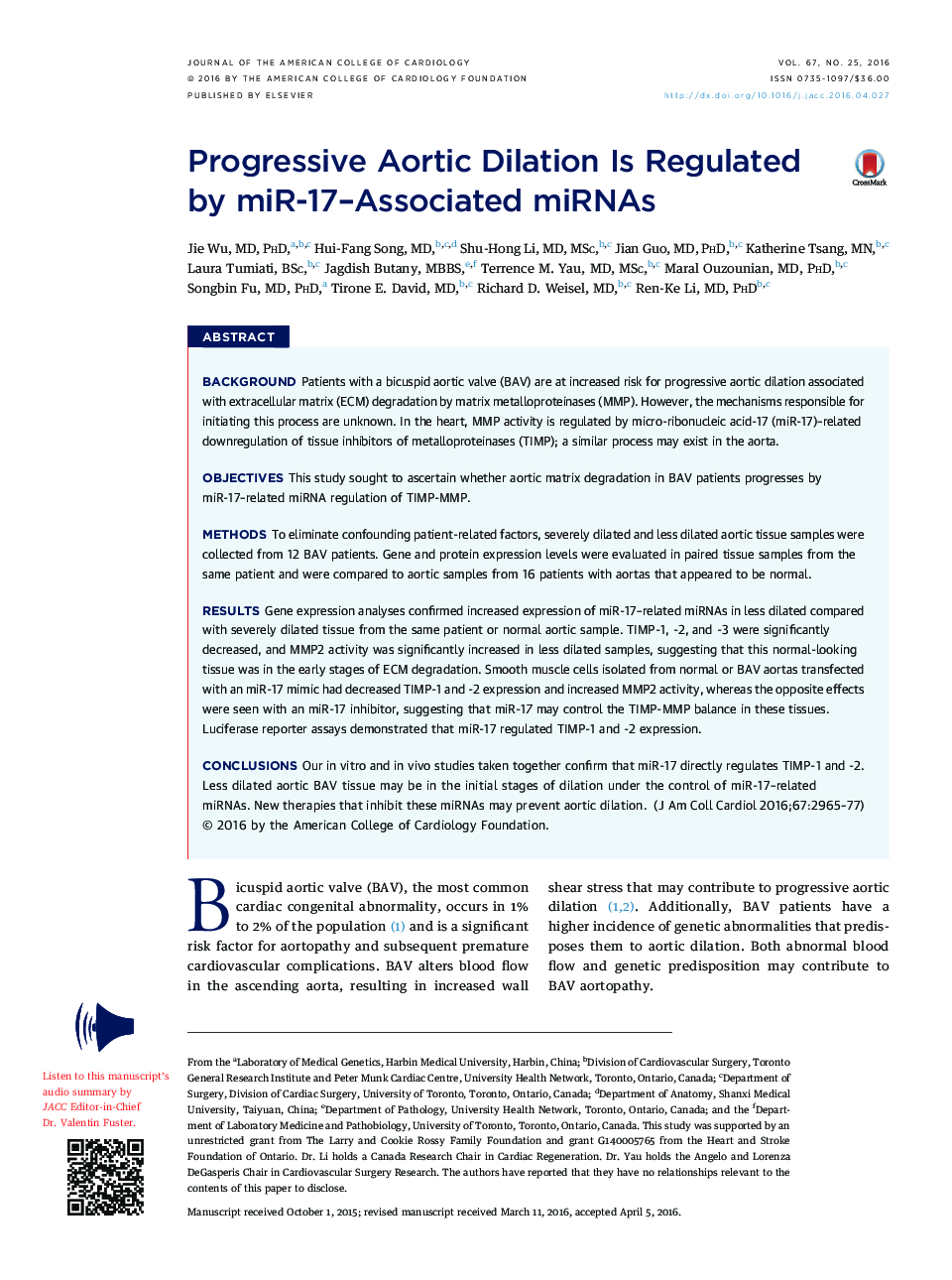 Progressive Aortic Dilation Is Regulated byÂ miR-17-Associated miRNAs