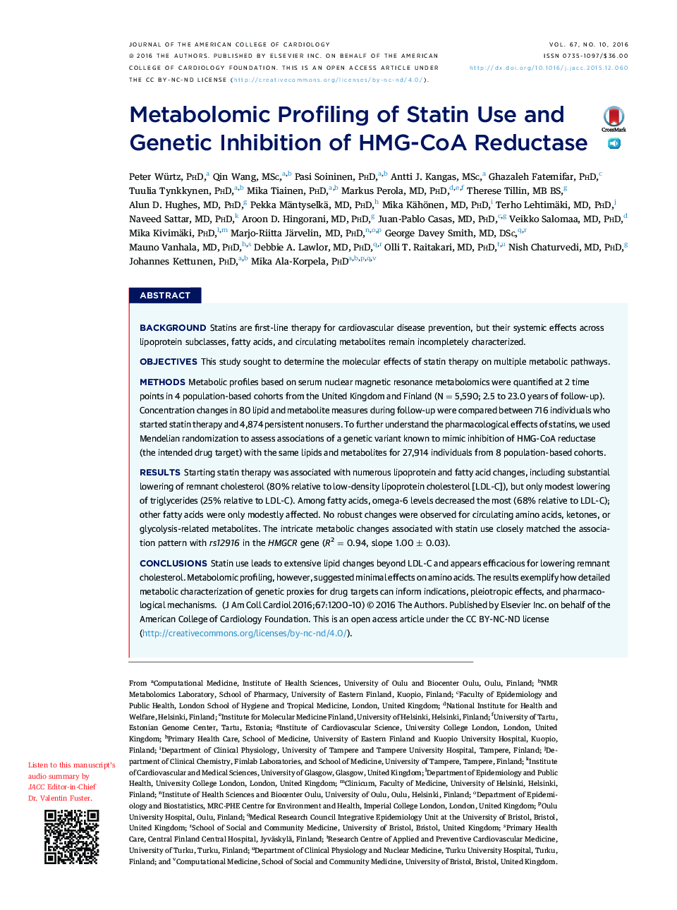 Metabolomic Profiling of Statin Use and Genetic Inhibition of HMG-CoA Reductase