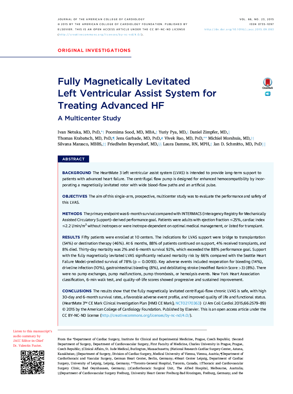 Fully Magnetically Levitated LeftÂ Ventricular Assist System for TreatingÂ Advanced HF: A Multicenter Study