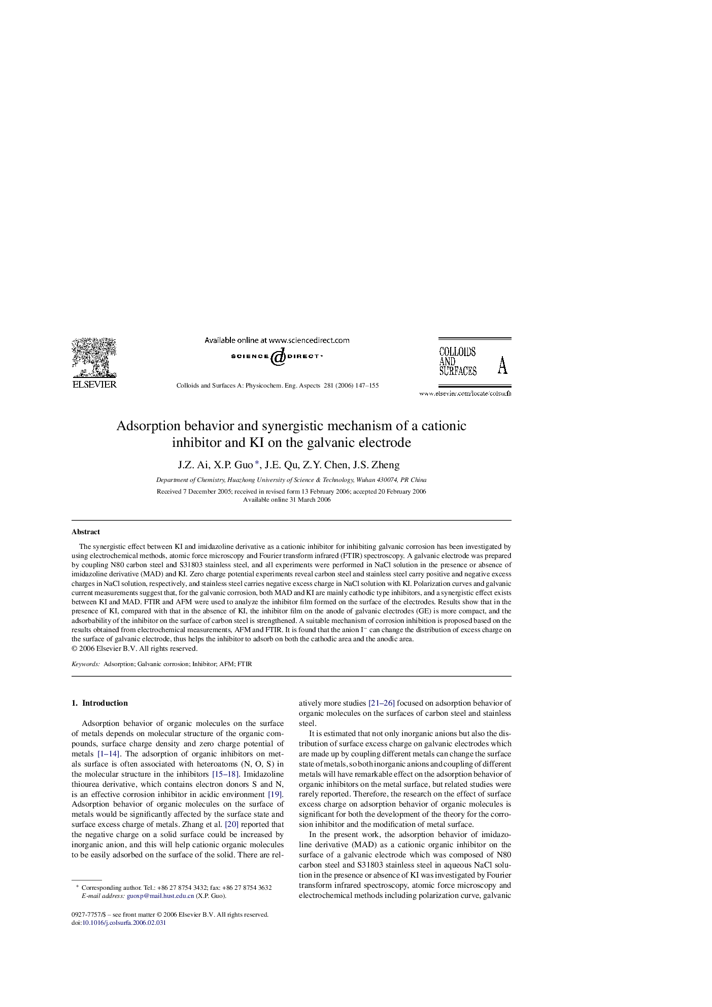 عکس صفحه اول مقاله: Adsorption behavior and synergistic mechanism of a cationic inhibitor and KI on the galvanic electrode Adsorption behavior and synergistic mechanism of a cationic inhibitor and KI on the galvanic electrode