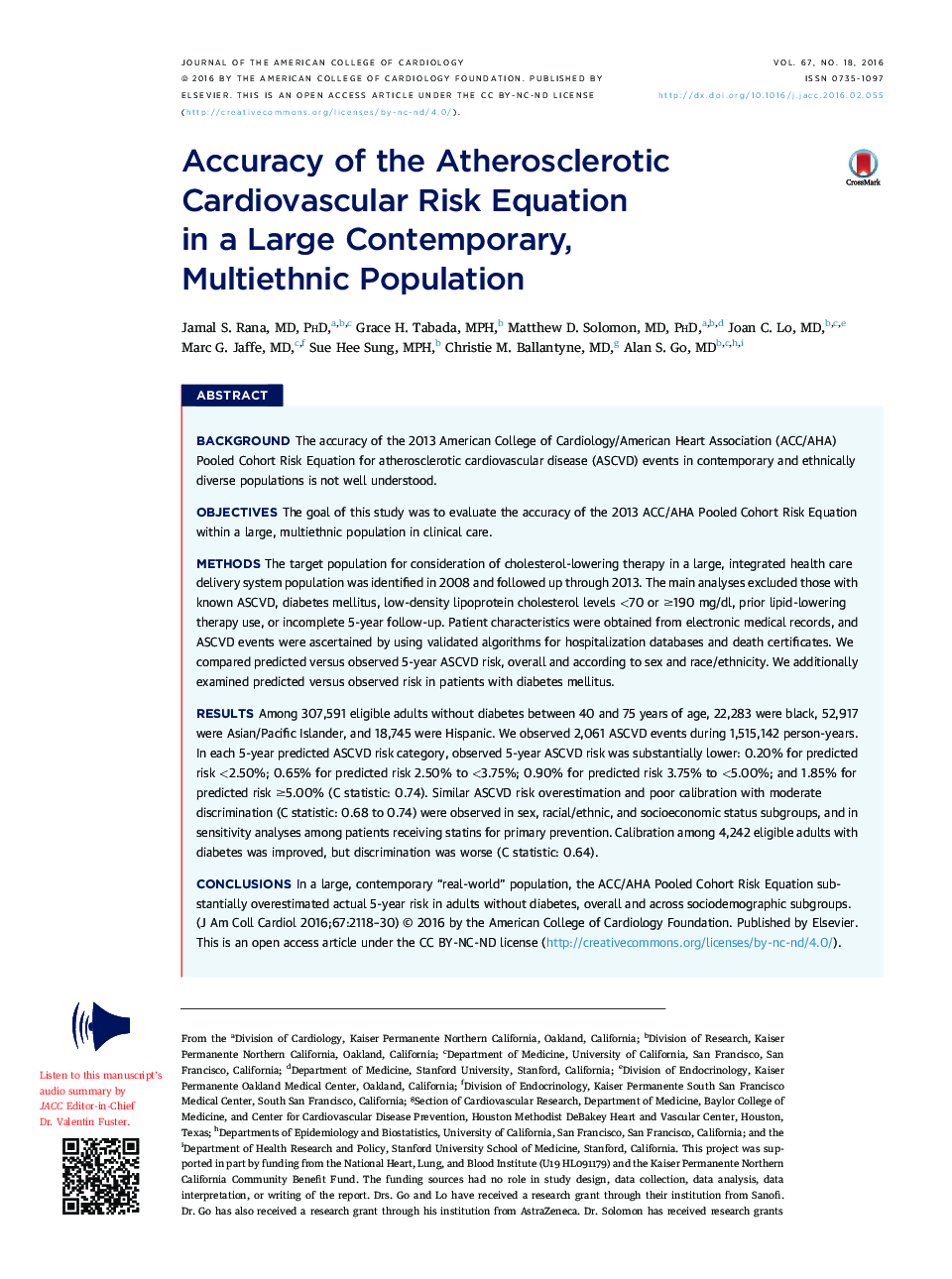 Accuracy of the Atherosclerotic Cardiovascular Risk Equation inÂ aÂ LargeÂ Contemporary, MultiethnicÂ Population