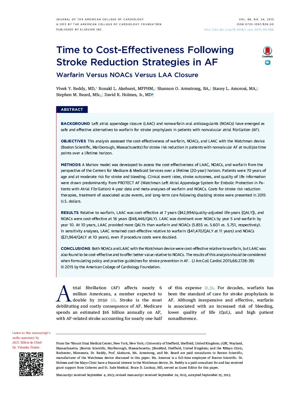 Time to Cost-Effectiveness Following Stroke Reduction Strategies in AF: Warfarin Versus NOACs Versus LAA Closure