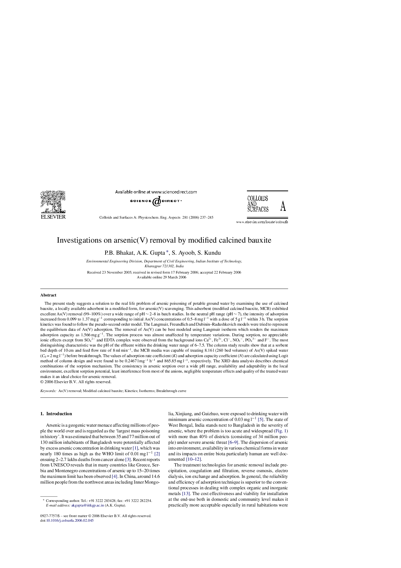 Investigations on arsenic(V) removal by modified calcined bauxite