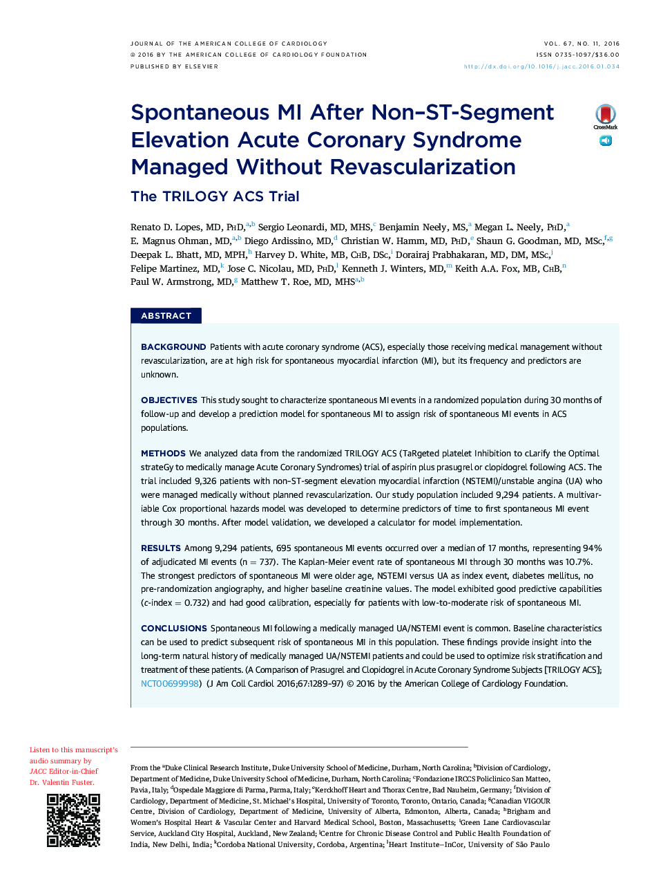 Spontaneous MI After Non-ST-Segment Elevation Acute Coronary Syndrome Managed Without Revascularization: The TRILOGY ACS Trial