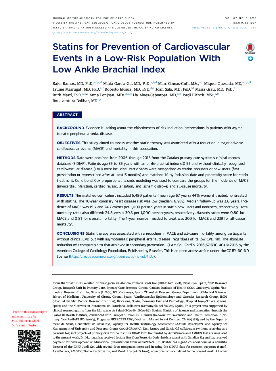 Statins for Prevention of Cardiovascular Events in a Low-Risk Population With LowÂ Ankle Brachial Index