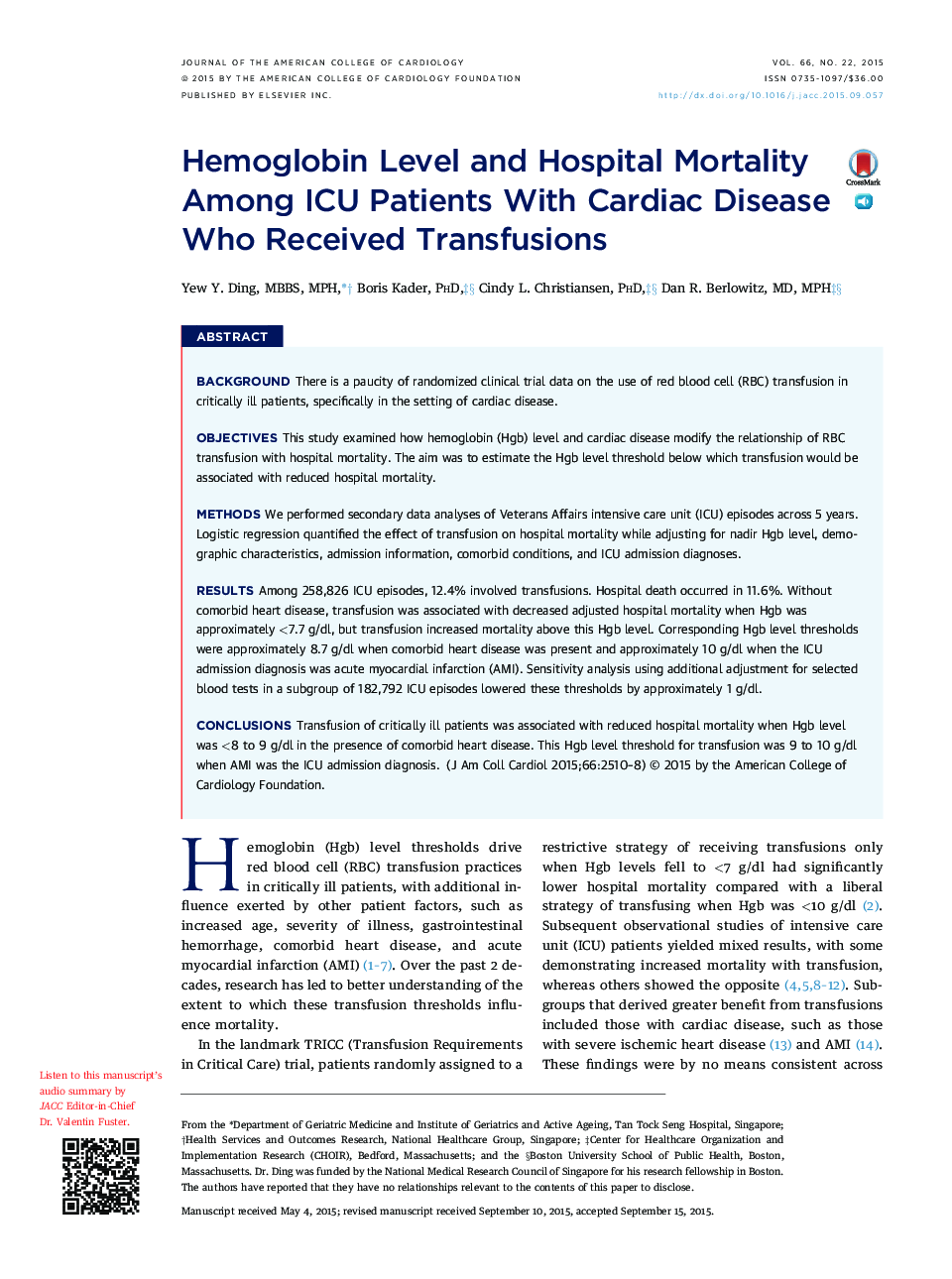 Hemoglobin Level and Hospital Mortality Among ICU Patients With Cardiac Disease Who Received Transfusions