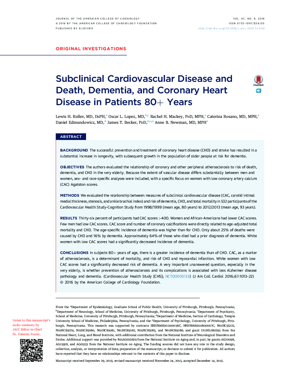 Subclinical Cardiovascular Disease and Death, Dementia, and Coronary Heart Disease in Patients 80+ Years