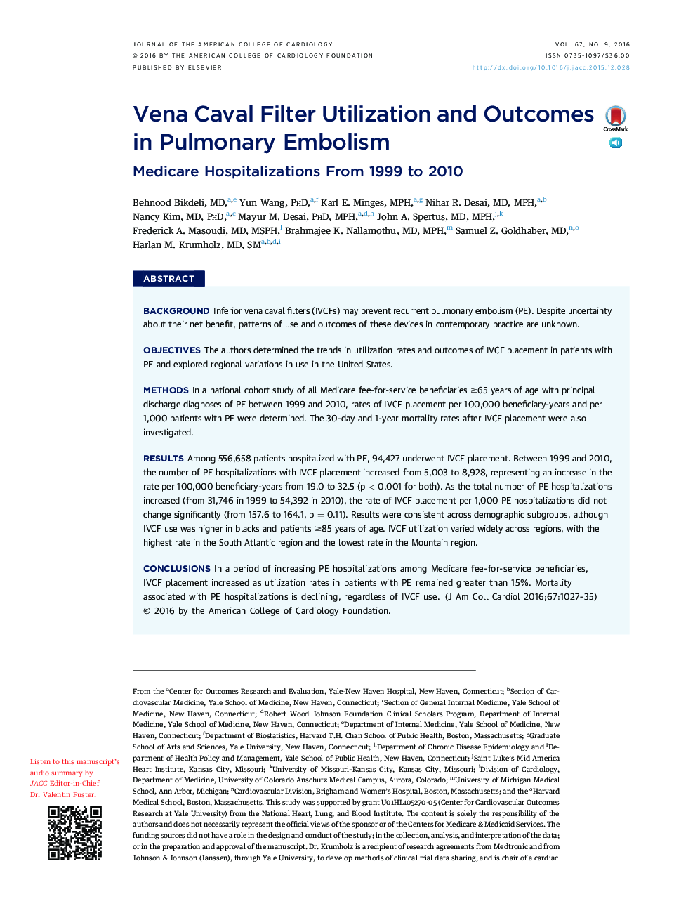 Vena Caval Filter Utilization and Outcomes in Pulmonary Embolism: Medicare Hospitalizations From 1999 to 2010