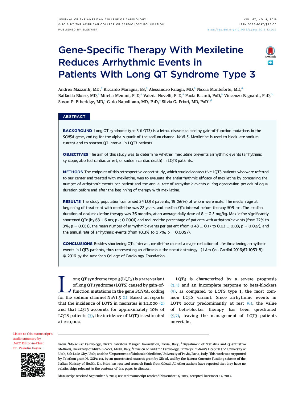 Gene-Specific Therapy With Mexiletine Reduces Arrhythmic Events in Patients With Long QT Syndrome Type 3