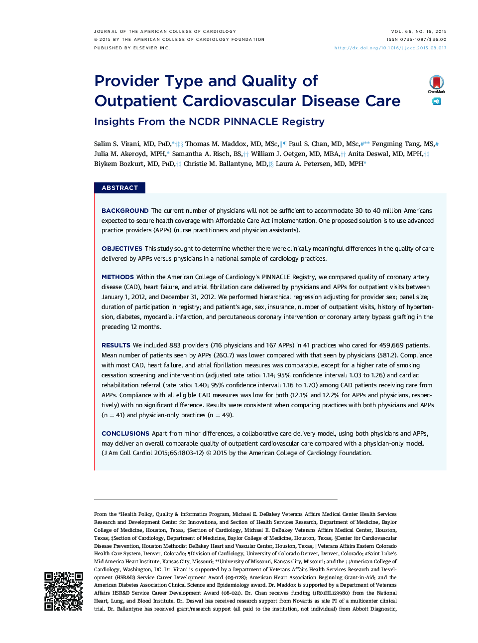Provider Type and Quality of Outpatient Cardiovascular Disease Care: Insights From the NCDR PINNACLE Registry