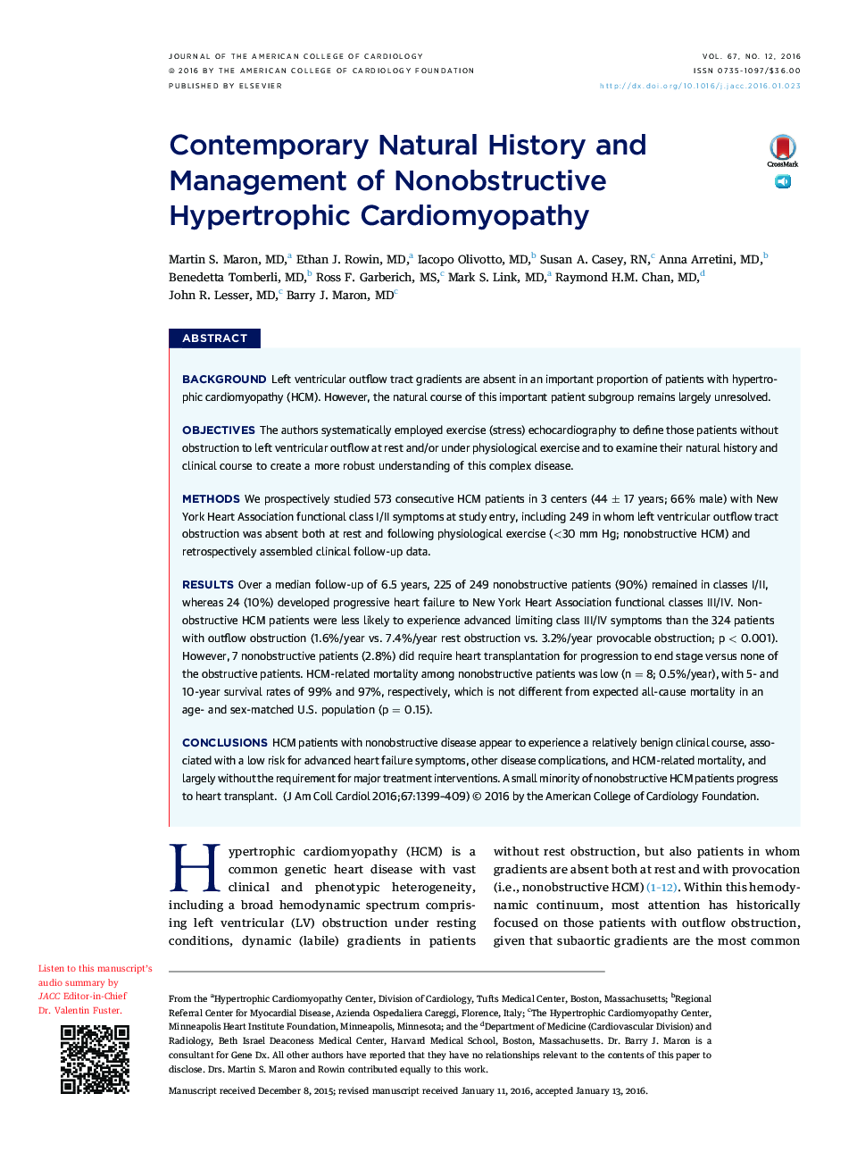 Contemporary Natural History and Management of Nonobstructive Hypertrophic Cardiomyopathy