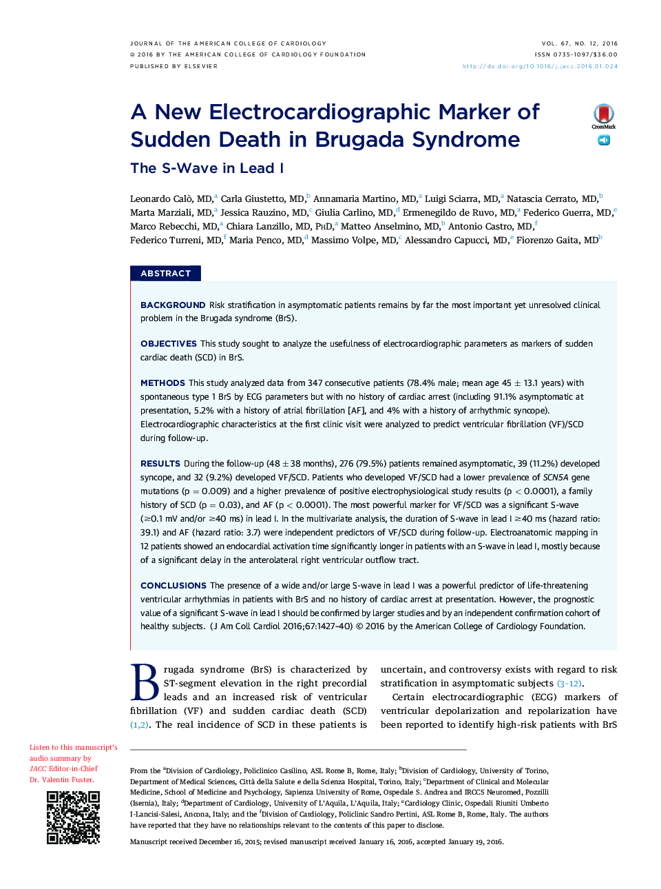 A New Electrocardiographic Marker of Sudden Death in Brugada Syndrome: The S-Wave in Lead I