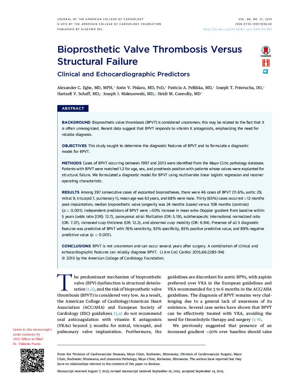 Bioprosthetic Valve Thrombosis Versus Structural Failure: Clinical and Echocardiographic Predictors