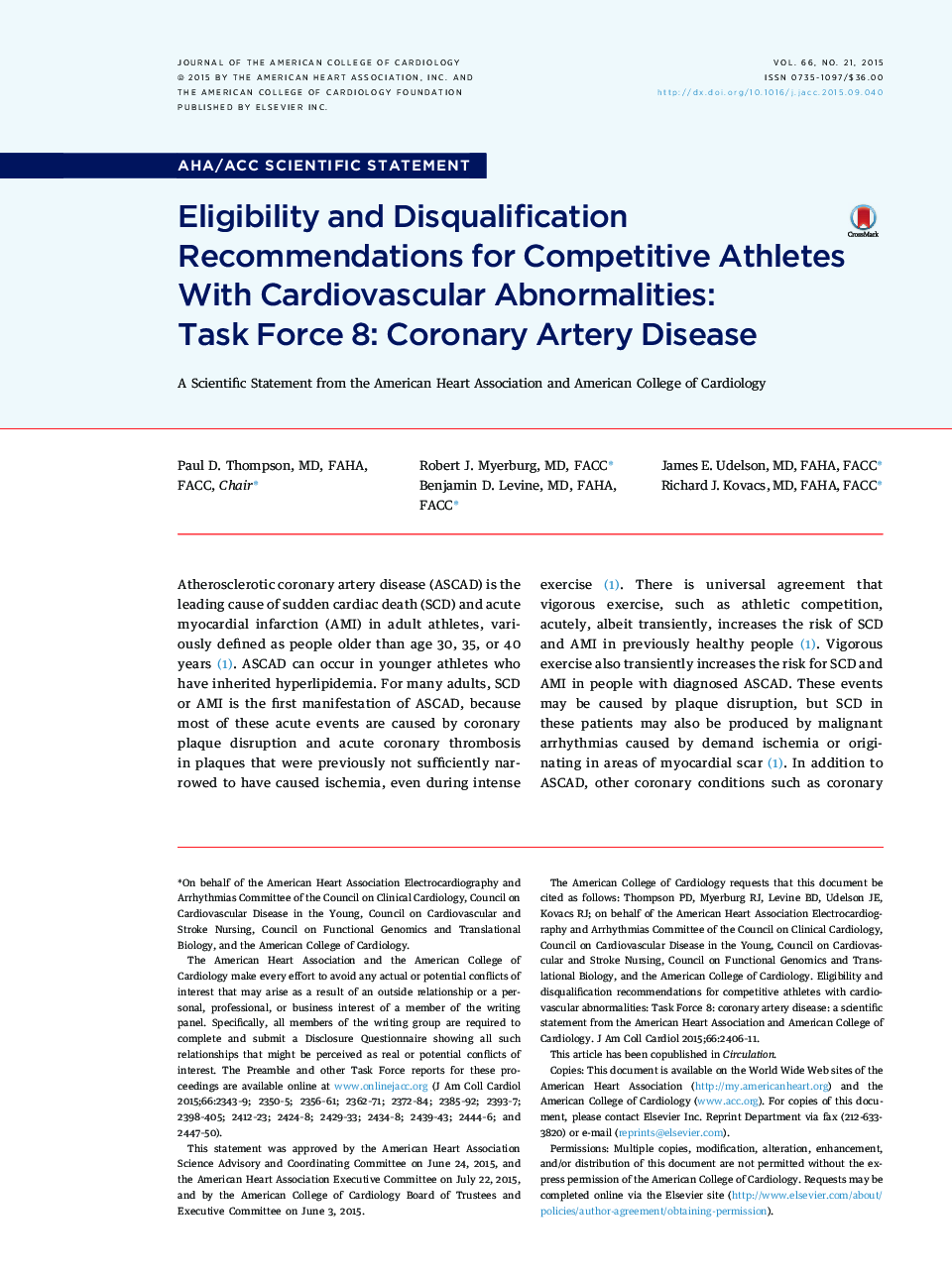 Eligibility and Disqualification Recommendations for Competitive Athletes With Cardiovascular Abnormalities: Task Force 8: Coronary Artery Disease