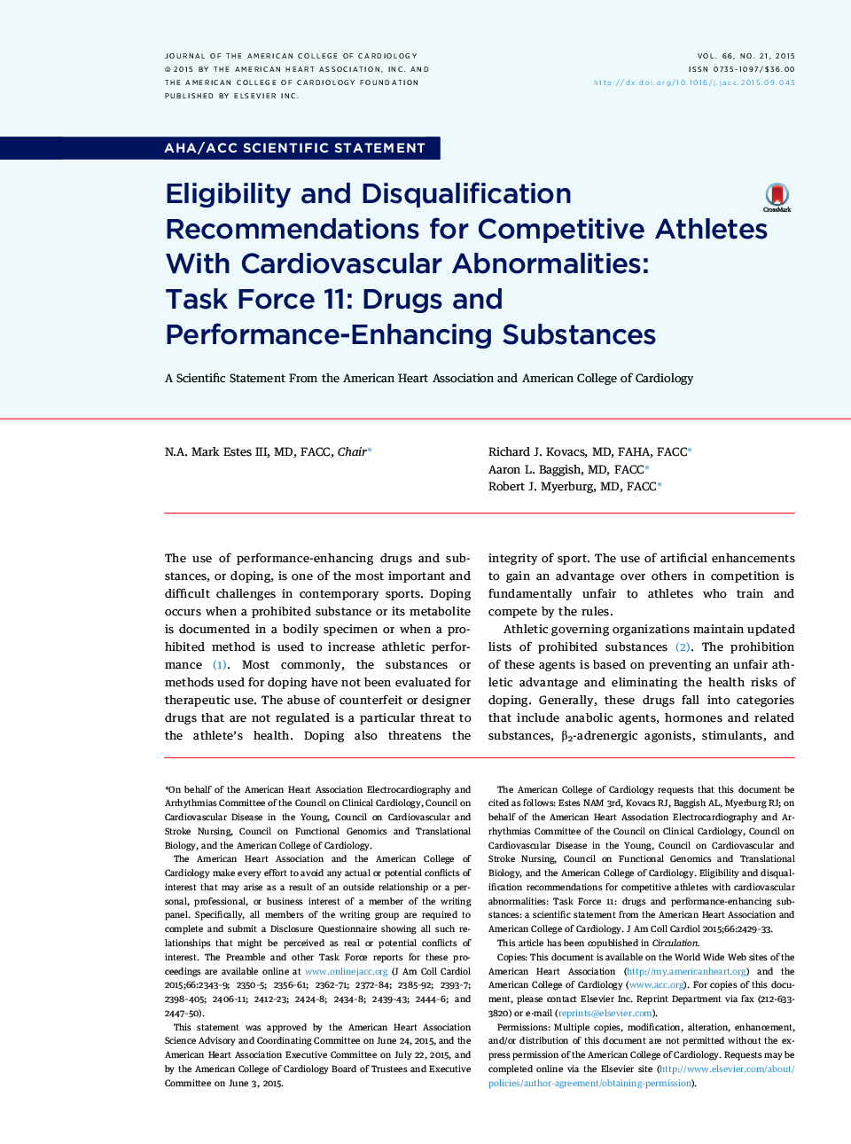 Eligibility and Disqualification Recommendations for Competitive Athletes With Cardiovascular Abnormalities: Task Force 11: DrugsÂ and Performance-Enhancing Substances