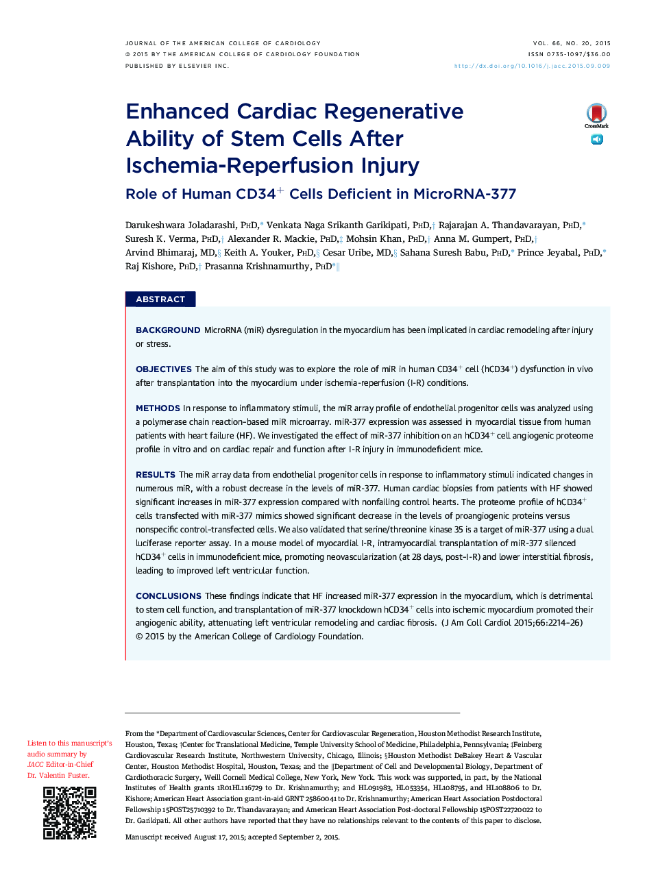 Enhanced Cardiac Regenerative Ability of Stem Cells After Ischemia-Reperfusion Injury: Role of Human CD34+ Cells Deficient in MicroRNA-377