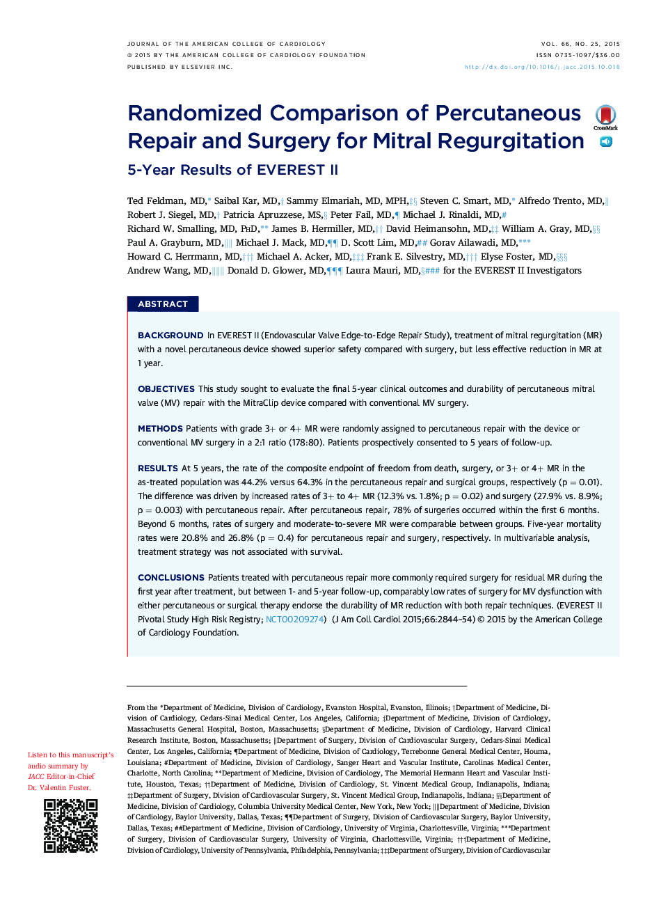 Randomized Comparison of Percutaneous Repair and Surgery for Mitral Regurgitation: 5-Year Results of EVEREST II