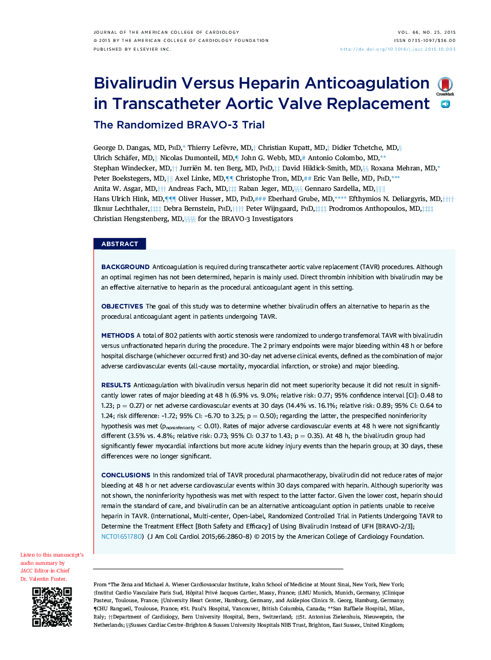 Bivalirudin Versus Heparin Anticoagulation in Transcatheter Aortic Valve Replacement: The Randomized BRAVO-3 Trial