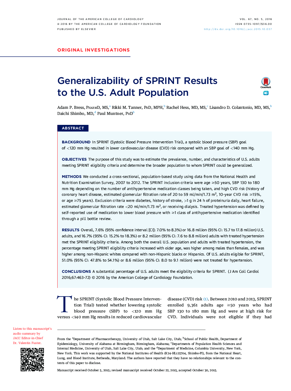 Generalizability of SPRINT Results toÂ theÂ U.S. Adult Population