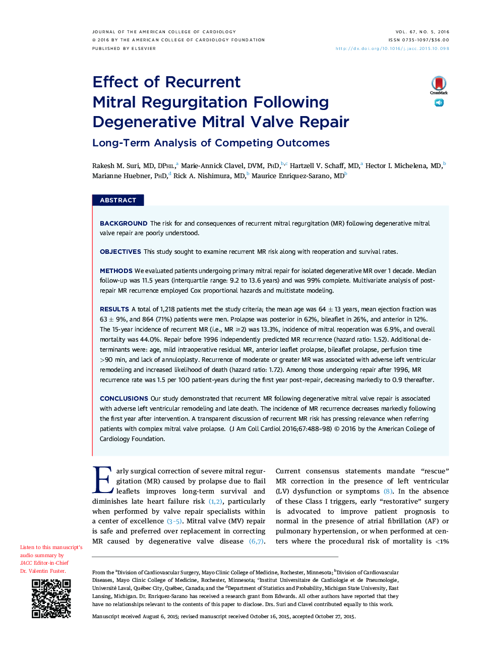 Effect of Recurrent Mitral Regurgitation Following Degenerative Mitral ValveÂ Repair: Long-Term Analysis of Competing Outcomes