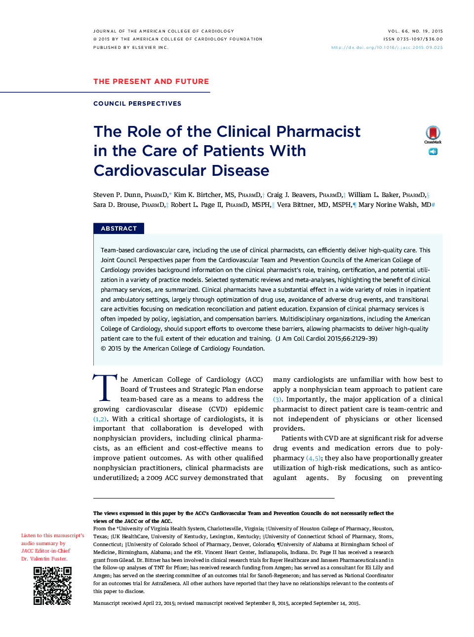 The Role of the Clinical Pharmacist inÂ theÂ Care of Patients With CardiovascularÂ Disease