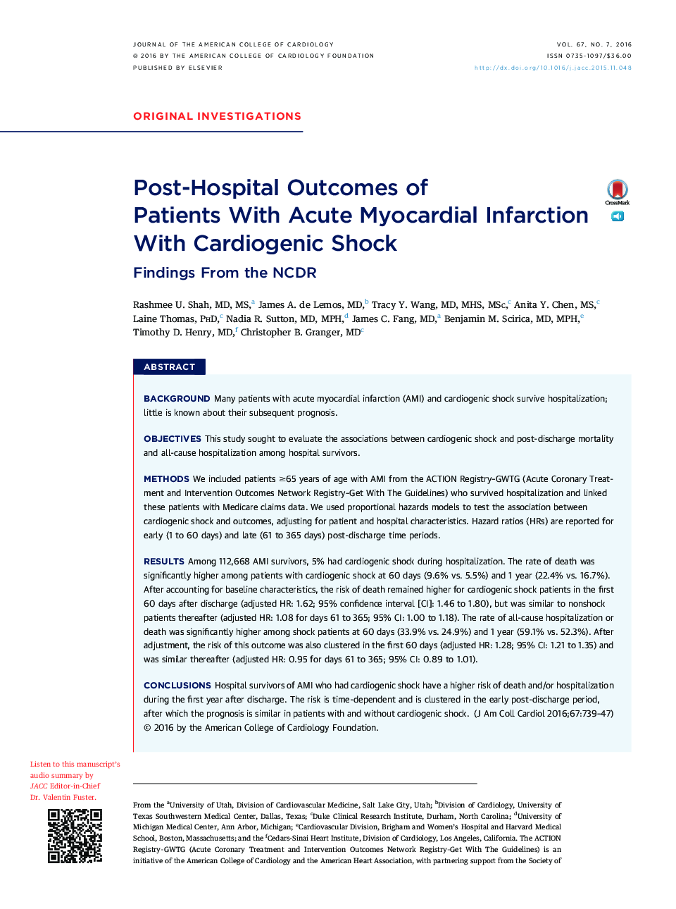 Post-Hospital Outcomes of PatientsÂ WithÂ Acute Myocardial Infarction WithÂ Cardiogenic Shock: Findings From the NCDR