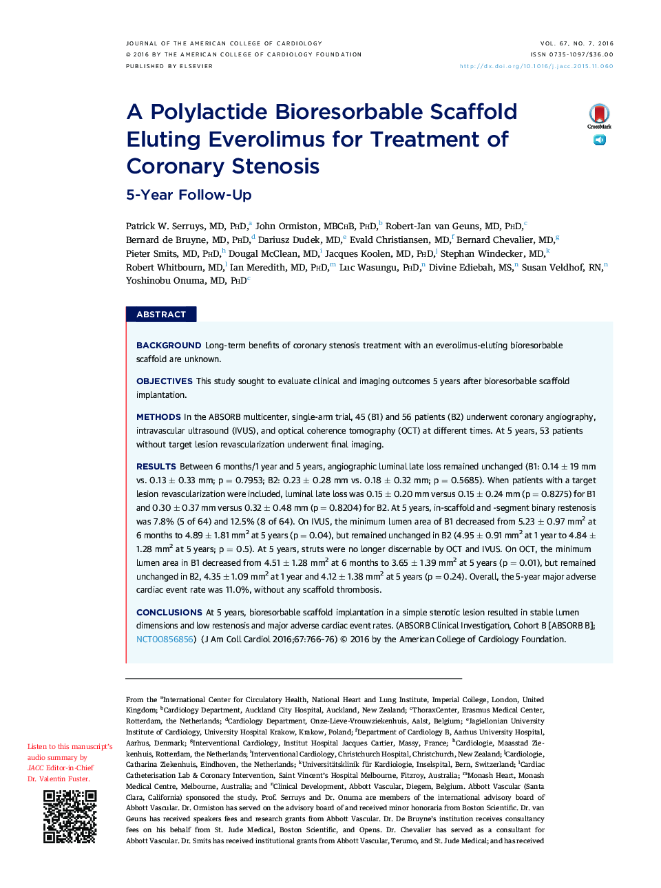A Polylactide Bioresorbable Scaffold Eluting Everolimus for Treatment of Coronary Stenosis: 5-Year Follow-Up
