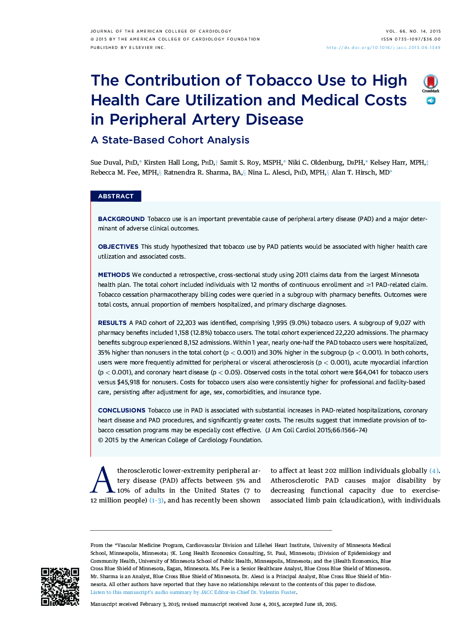 The Contribution of Tobacco Use to High Health Care Utilization and Medical Costs in Peripheral Artery Disease: A State-Based Cohort Analysis
