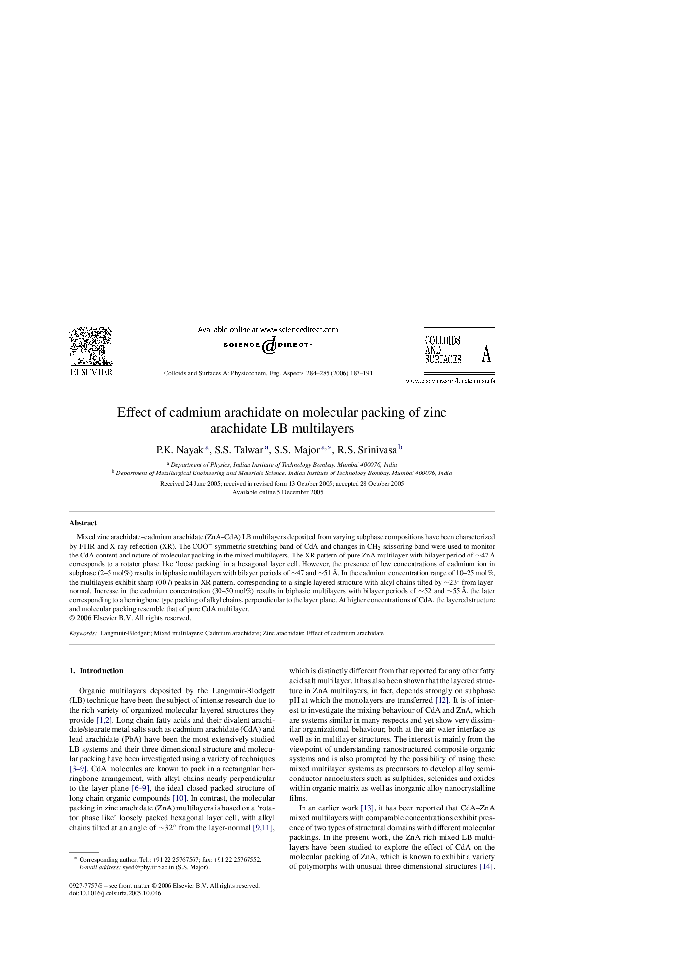 Effect of cadmium arachidate on molecular packing of zinc arachidate LB multilayers