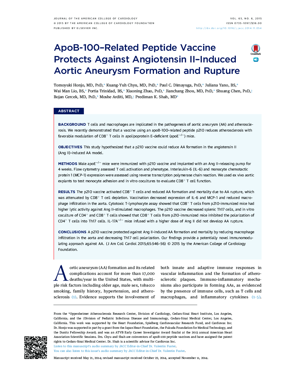 ApoB-100-Related Peptide Vaccine Protects Against Angiotensin II-Induced Aortic Aneurysm Formation and Rupture