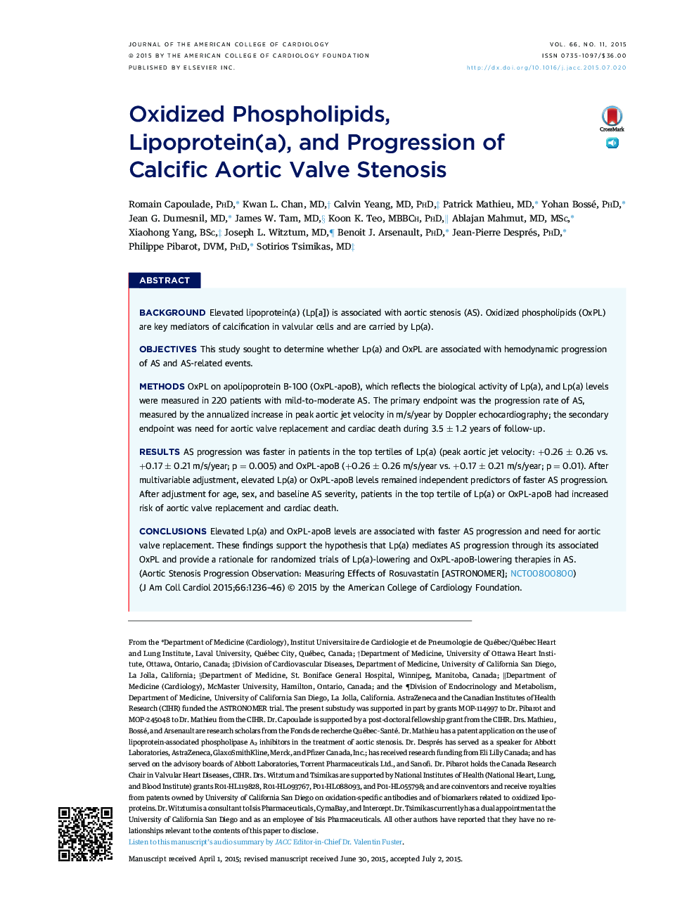 Oxidized Phospholipids, Lipoprotein(a),Â and Progression of CalcificÂ Aortic ValveÂ Stenosis