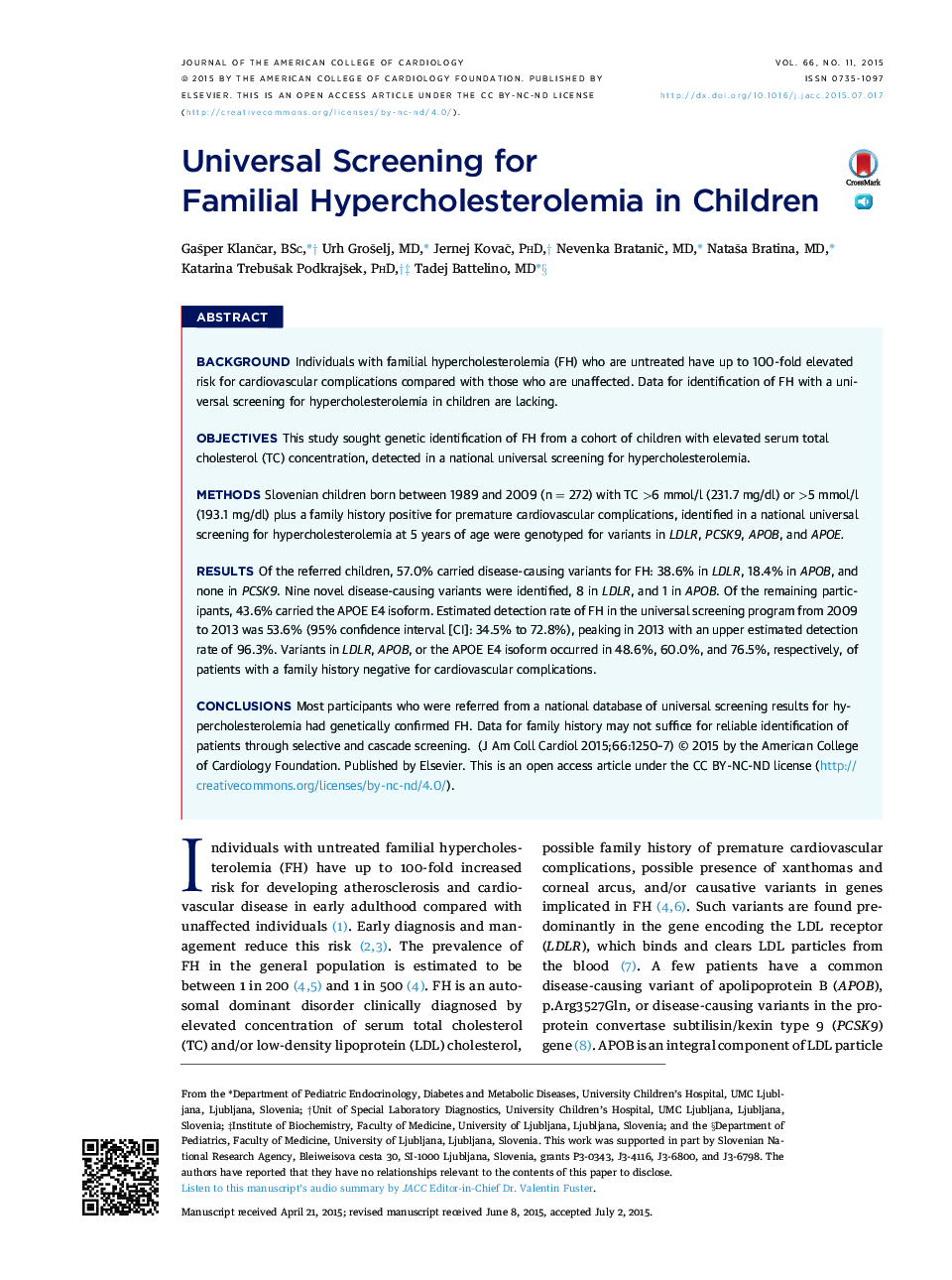Universal Screening for FamilialÂ Hypercholesterolemia in Children