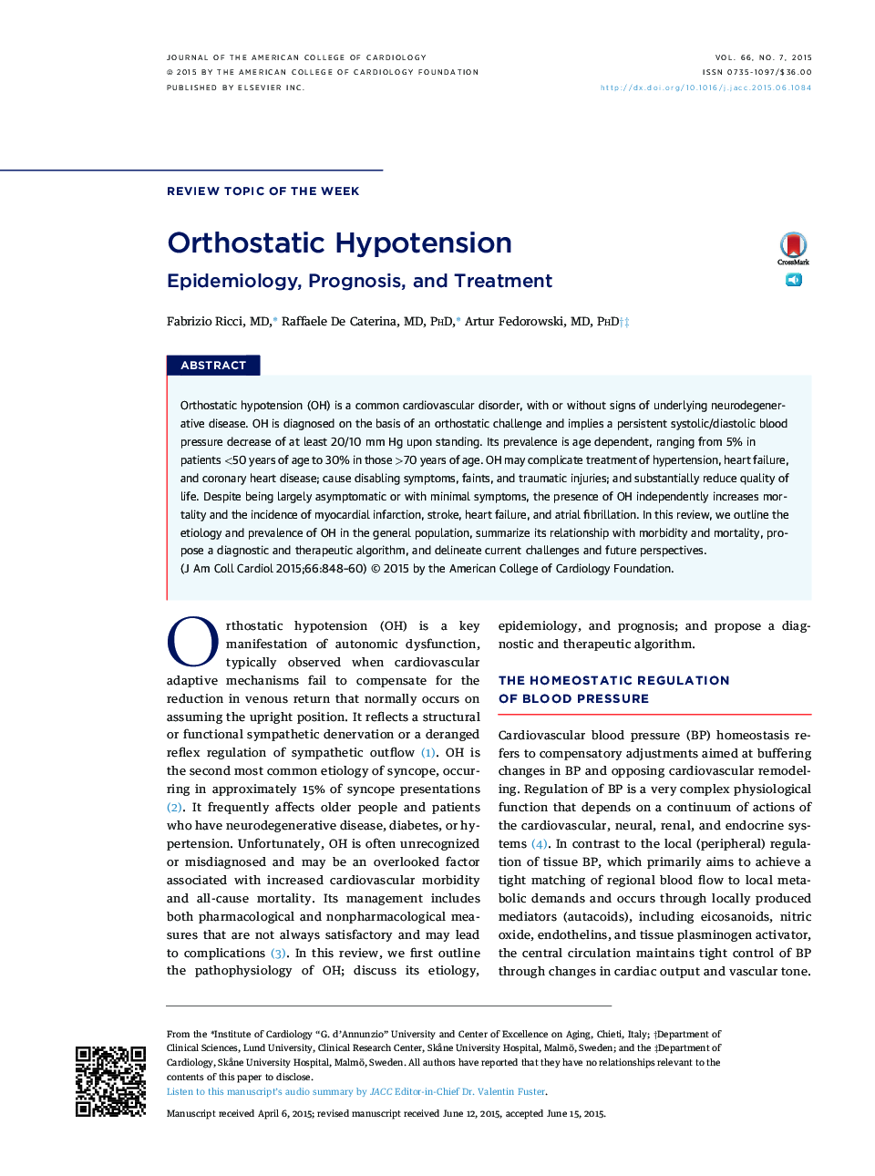 Orthostatic Hypotension: Epidemiology, Prognosis, and Treatment