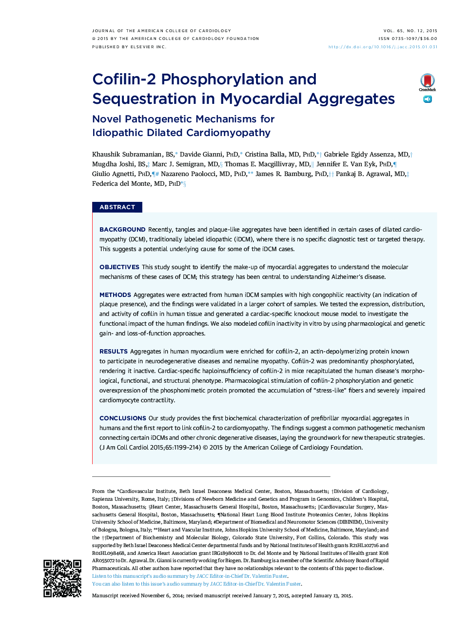 Cofilin-2 Phosphorylation and Sequestration in Myocardial Aggregates: Novel Pathogenetic Mechanisms for Idiopathic DilatedÂ Cardiomyopathy