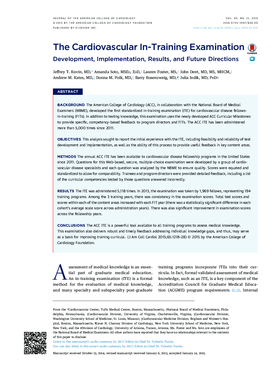 The Cardiovascular In-Training Examination: Development, Implementation, Results, and Future Directions