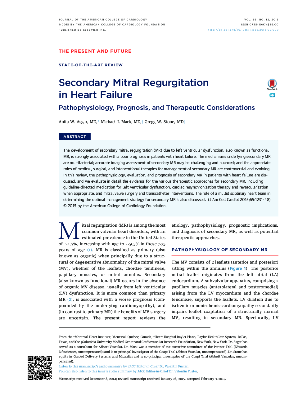 Secondary Mitral Regurgitation inÂ HeartÂ Failure: Pathophysiology, Prognosis, and Therapeutic Considerations