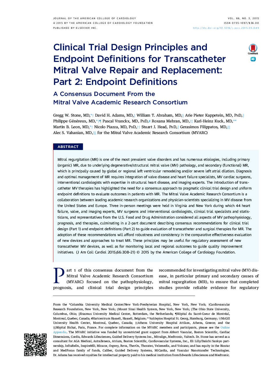 Clinical Trial Design Principles and Endpoint Definitions for Transcatheter Mitral Valve Repair and Replacement: PartÂ 2: Endpoint Definitions: A Consensus Document From the Mitral Valve Academic Research Consortium