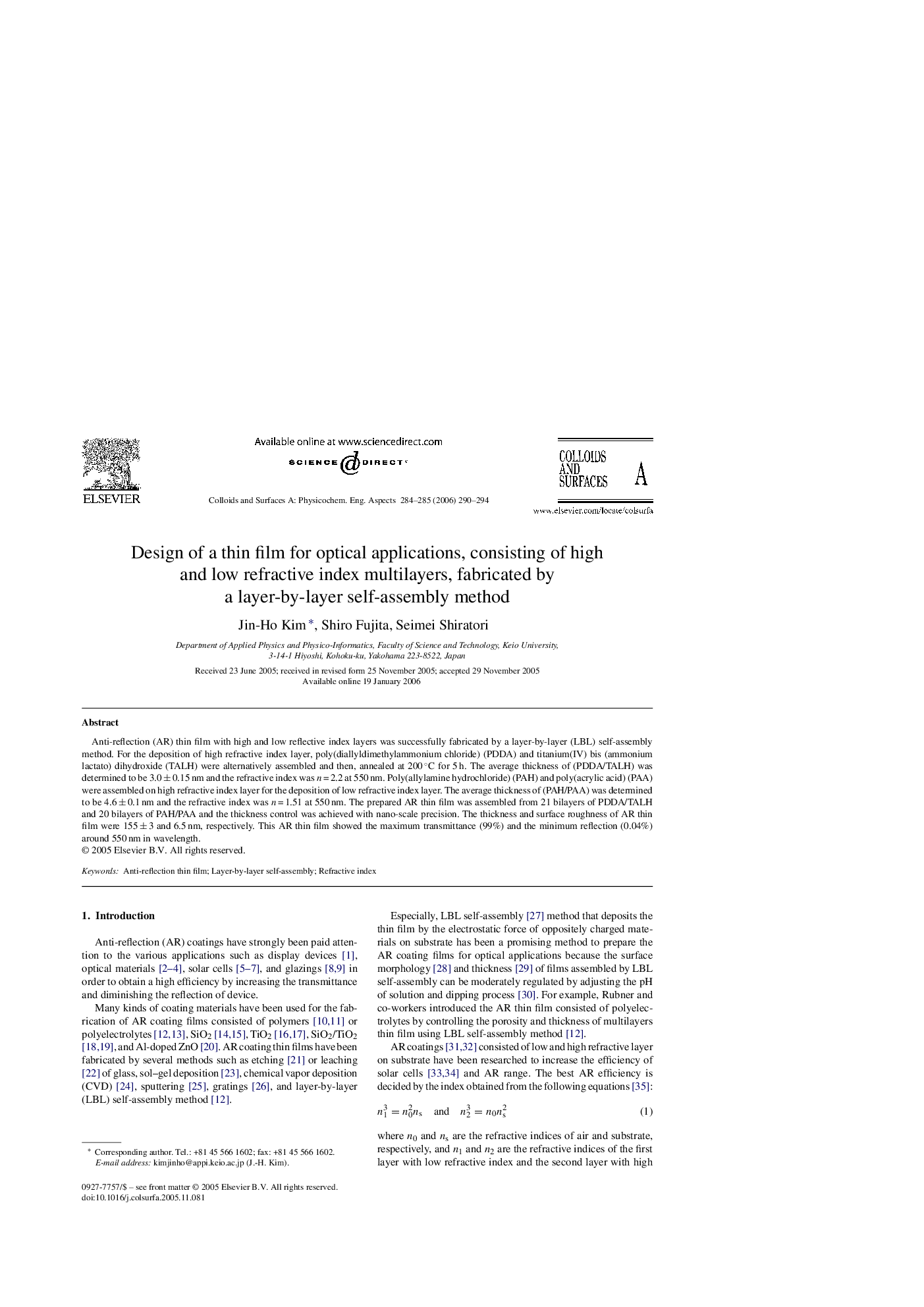 Design of a thin film for optical applications, consisting of high and low refractive index multilayers, fabricated by a layer-by-layer self-assembly method